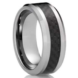8MM Mens Tungsten Carbide Ring Wedding Band with Black Carbon Fiber 