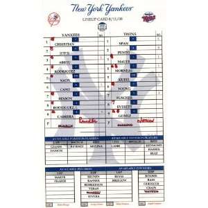 Yankees at Twins 8 11 2008 Game Used Lineup Card   