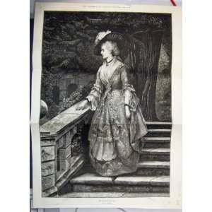  1876 Waiting Lady On Stone Stairs Garden Looking Print 