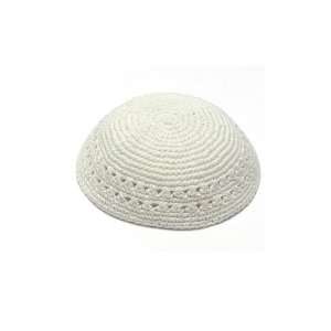  18cm White Knitted Kippah with Two Air Hole Rows 