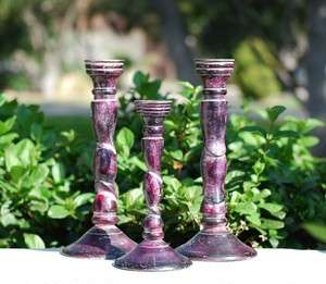UNIQUE Set of 3 Metal Candlesticks Dark Candle Holders Purple Pink 