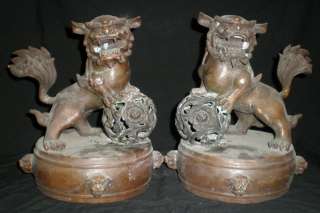 Old Chinese Pair Bronze Foo Fu Dog Lion Statue  