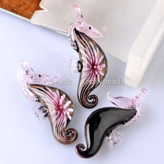 1P Pink Sea Horse Flower Murano Lampwrok Glass Charm Pendant&Necklace 