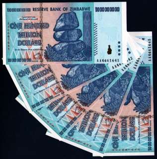 ONE HUNDRED ( 100 ) TRILLION ZIMBABWE DOLLARS x 5 NOTES  