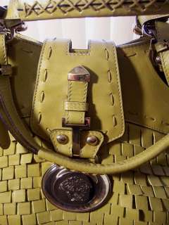 NEW VERSACE Leather Satchel Shoulder Bag Olive Green Gold Hardware 