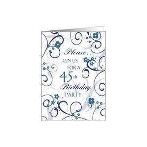 45th Birthday Party Invitation, Blue Floral Card
