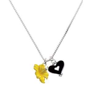 Yellow Hibiscus Flower and Black Heart Charm Necklace
