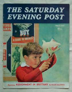 May 2, 1942 Saturday Evening Post Cover   Boy with Piggy Bank, WW2 Era 