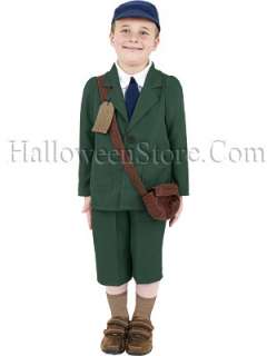 World War II Evacuee Boy Costume includes Coat, Pants, Hat, and Bag.