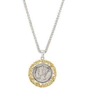 Mercury Dime Necklace, Earrings and Ring in Sterling Silver and Yellow 