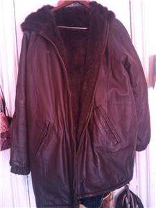 Women Hooded Brown REVERSIBLE Leather coat with faux fur sz L  