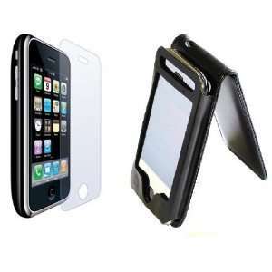  Leather Case for Apple iPhone 4, Black + 6x Clear Screen 