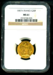 1887 FRENCH ANGEL GOLD COIN 20 FRANCS * NGC CERTIFIED GENUINE & GRADED 