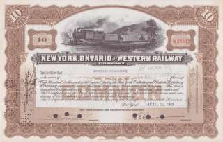 New York, Ontario and Western Railway Company Stock Certificate. Dated 