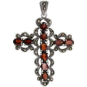 Silver Marcasite Curvy Cross Pendant, w/ Oval Cut 7x5 mm Garnet Stones 