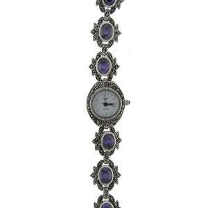  Sterling Silver Marcasite Purple Stone Leaf Design Watch Jewelry