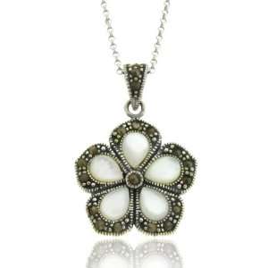  Sterling Silver Marcasite Mother of Pearl Flower Pendant Jewelry