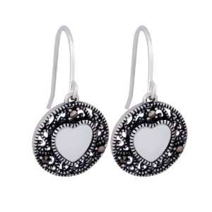   Sterling Silver Marcasite and Mother of Pearl Heart Earrings Jewelry
