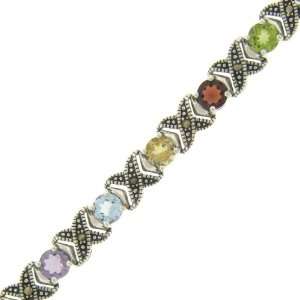   Sterling Silver Marcasite CZ Multi Color XO Design Bracelet Jewelry