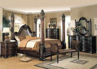   Traditional Espresso Queen King Poster Leather Bed Marble Bedroom Set