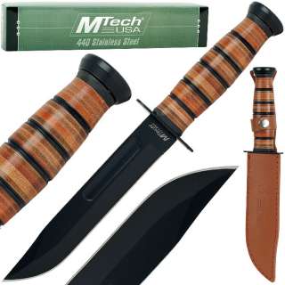 Stainless Survival Knife Leather Ribbed Handle & Sheath  