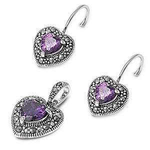   Silver & Amethnyst CZ Heart Marcasite Earring & Necklace Set Jewelry