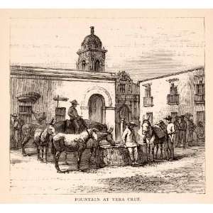  1875 Woodcut Fountain Veracruz Mexico Horses Burros Donkey 