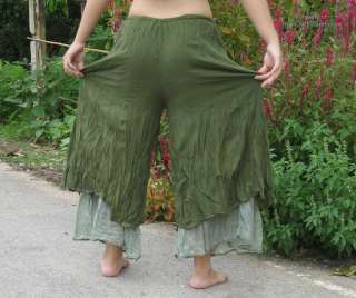 Wide Leg 2Layer Light Summer Cotton Pants Green XL  