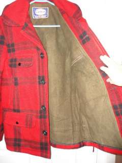 CARTERS 1950s   60s Vintage Wool Woodsman RED Plaid Hunting Coat Bird 