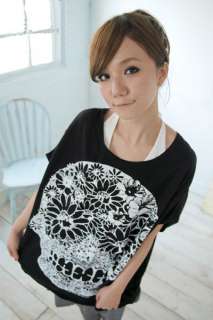 T960 Funky Floral Skull Icon Top T shirt White Black  