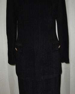 St. John Collection Black Gold Chenille Knit Long Jacket Skirt Suit 