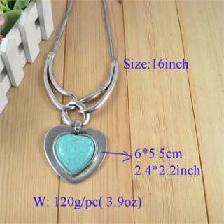 Vintage Design Silver Plated Heart Turquoise Stone Pendant Costume 