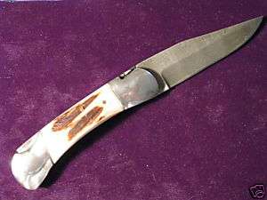 Custom Handmade Damascus Folding Knife, Stag Handle  