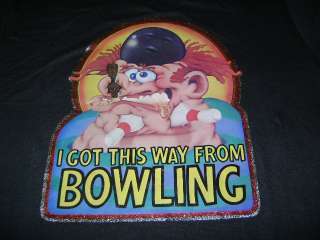 vintage I GOT THIS WAY FROM BOWLING GLITTER IRON ON SOFT THIN BLACK t 
