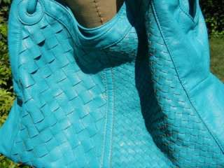EUC HUGE Big Buddah Boutique Designer Teal Blue Faux Leather Woven 