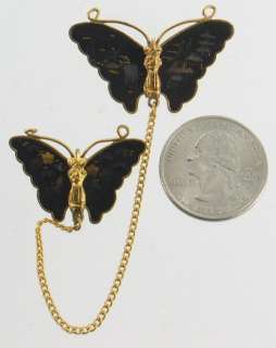 VINTAGE DAMASCENE BUTTERFLY SWEATER CLIP PINS WWII JAPAN NICE  