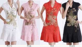 New White Womens Mini Cheong sam Cotton Embroidery Evening Dress S M 