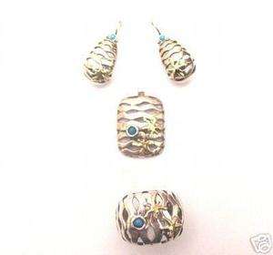 Silver 925 RING EARRING PENDANT Set Turquoise and Gold  