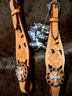 BRIDLE WESTERN LEATHER HEADSTALL TACK BLING BLACK CLEAR  