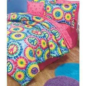 7pc Girl Tie Dye Peace Sign Full Comforter Set (Pink Blue Green Yellow 