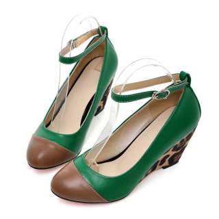 Black Red Leopard Ankle Straps Wedge Heels Pumps Women Shoes UK Size 5 