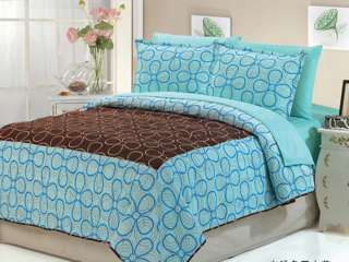 7PC Geo Dots Faux Silk Comforter Brown and Blue KING  