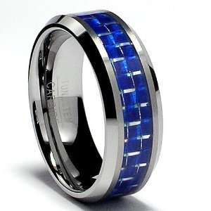  8MM Flat Top Tungsten Carbide Ring Wedding Band W/ Blue 