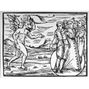  Italian Woodcut of Figures in a Circle Evoking the Devil 