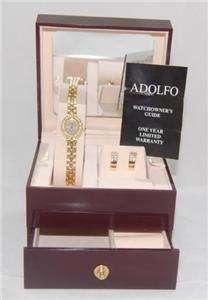 NEW LADIES ADOLFO CRYSTAL DRESS QUARTZ WATCH & EARRING SET~COME IN A 