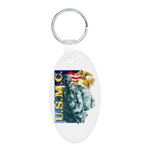 Aluminum Oval Keychain USMC US Marine Corps Soldier with US Flag and 