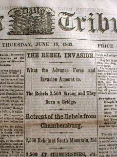 1863 Civil War newspaper hdln Confederates invade the North BATTLE of 