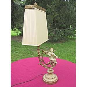   Large fancy metal antique lamp w angel & fancy shade