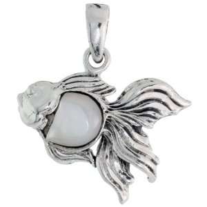 925 Sterling Silver Angel Fish Mother of Pearl Pendant (w/ 18 Silver 