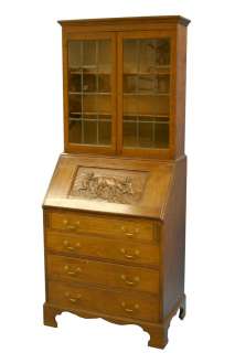 Antique English Oak Bureau Bookcase w/ Leaded Glass  